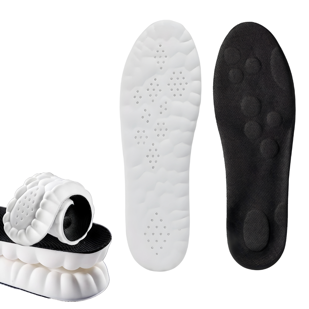 Weiße und schwarze orthopädische Einlegesohlen, stoßdämpfend, ergonomisch, für Sportschuhe.