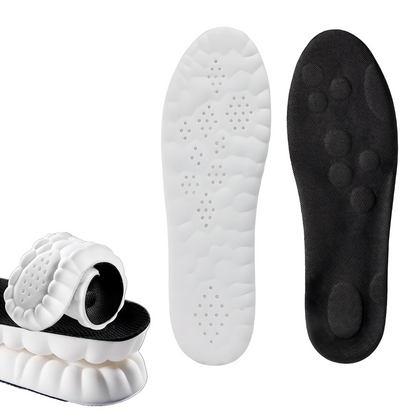 Weiße und schwarze orthopädische Einlegesohlen, stoßdämpfend, ergonomisch, für Sportschuhe.