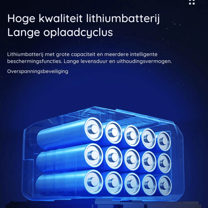 Illustration mot blå bakgrund av ett genomskinligt batteripaket med femton uppladdningsbara litiumbatterier i tre rader. 6