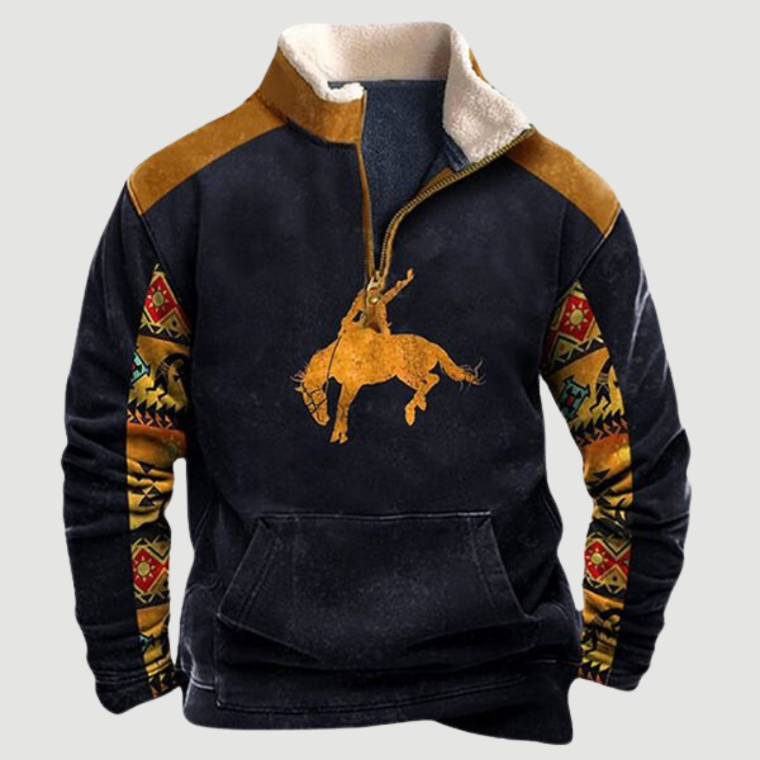 Schwarzer Pullover mit Reißverschluss, Cowboy-Motiv, Ethno-Muster, Herrenmode.