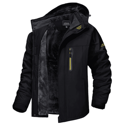 Schwarze Herren-Winterjacke, wasserdicht, mit Kapuze und Reißverschlusstasche, warm gefüttert.