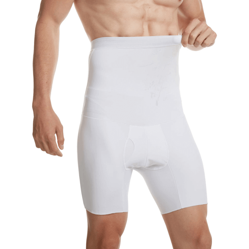 Männer Kompressionshose, weiß, nahtlos, Bauchkontrolle, Shapewear, elastisch, Fitnessbekleidung.