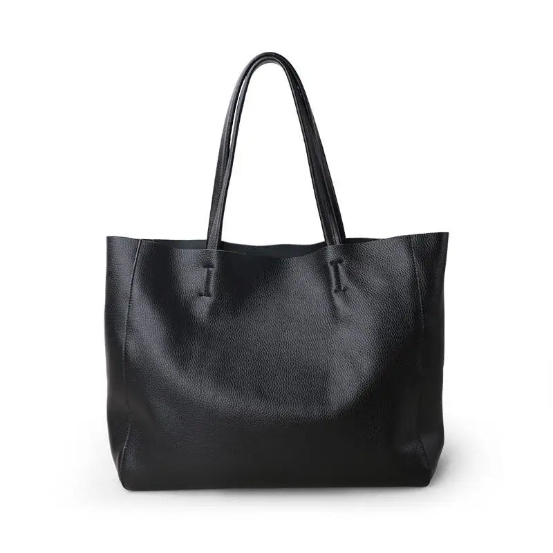 Schwarze Lederhandtasche, Shopper, große Tragetasche, elegantes Design, Damenmode.