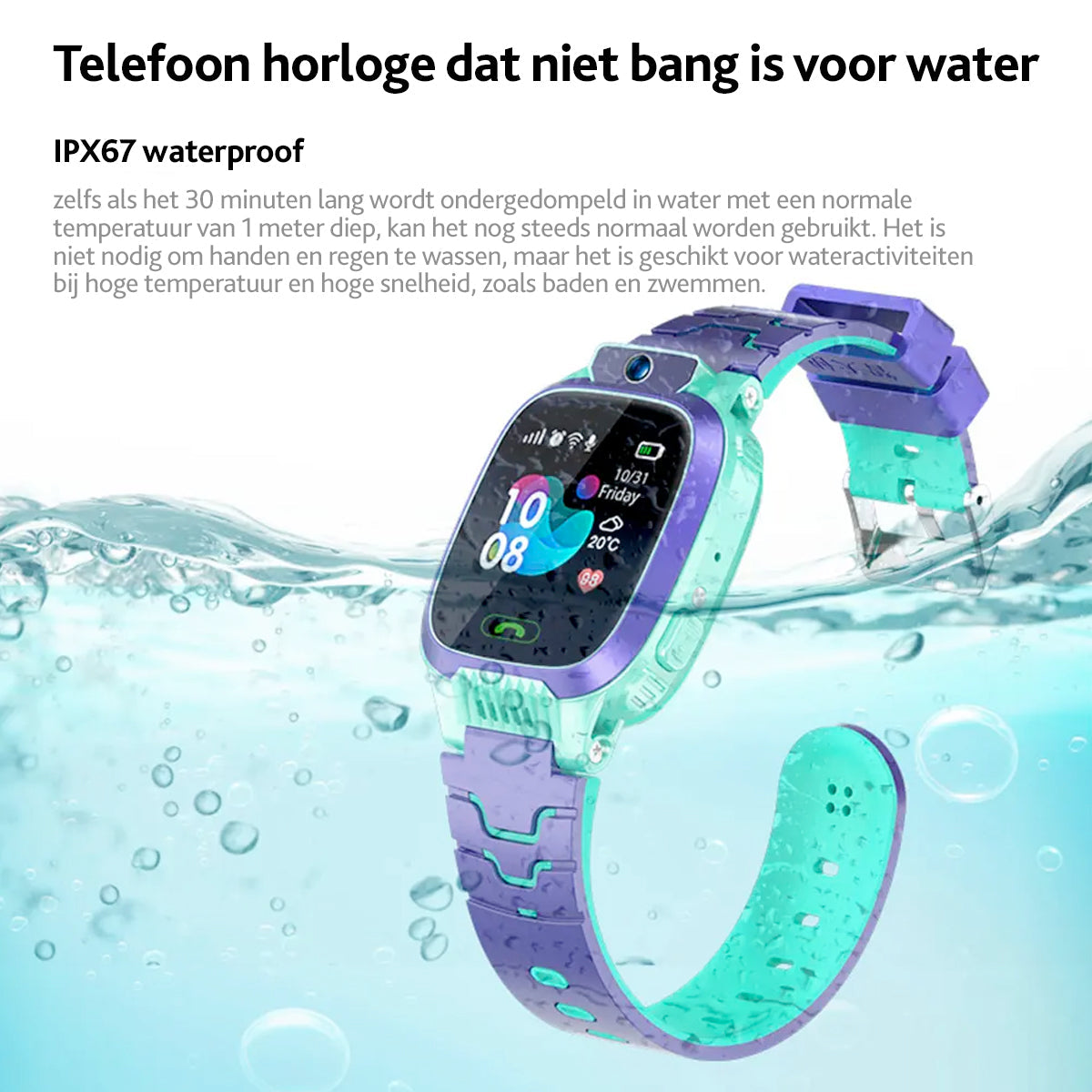 Wasserdichte Kinder-Smartwatch, IPX67, lila-türkis, Touchscreen, für Jungen und Mädchen.