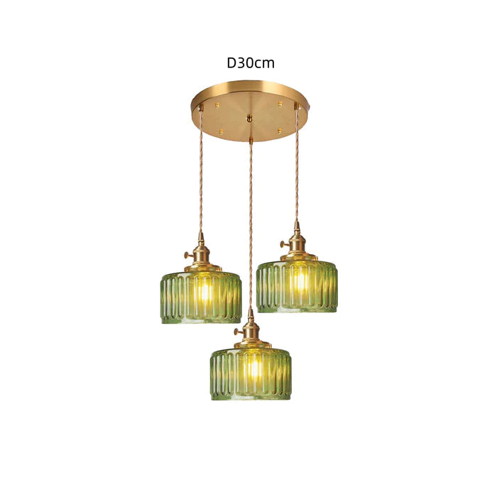 Grüne Glas-Pendelleuchte, dreiflammig, goldene Halterung, modernes Design, D30cm.