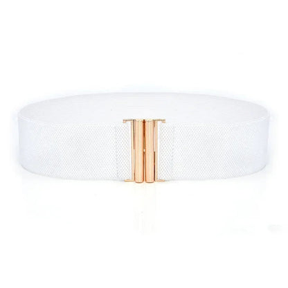 Weiße elastische Taillengürtel mit goldener Schnalle, modisches Accessoire für Damen.