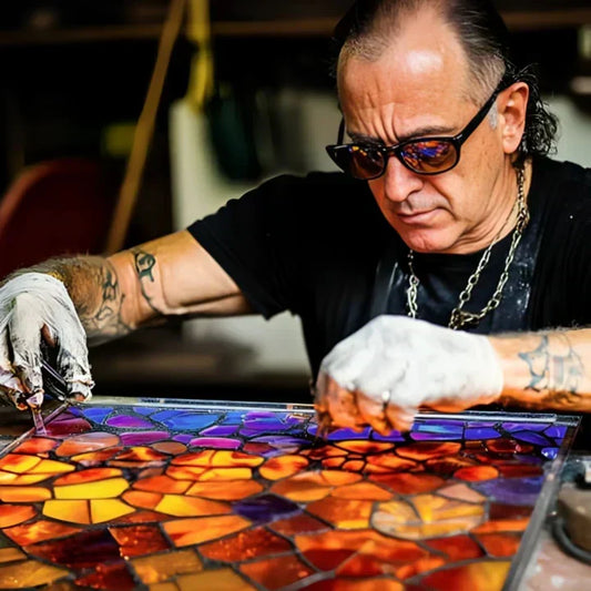 Tatuerad hantverkare med solglasögon och vita handskar lägger färgade glasbitar i ett mosaikmönster 2