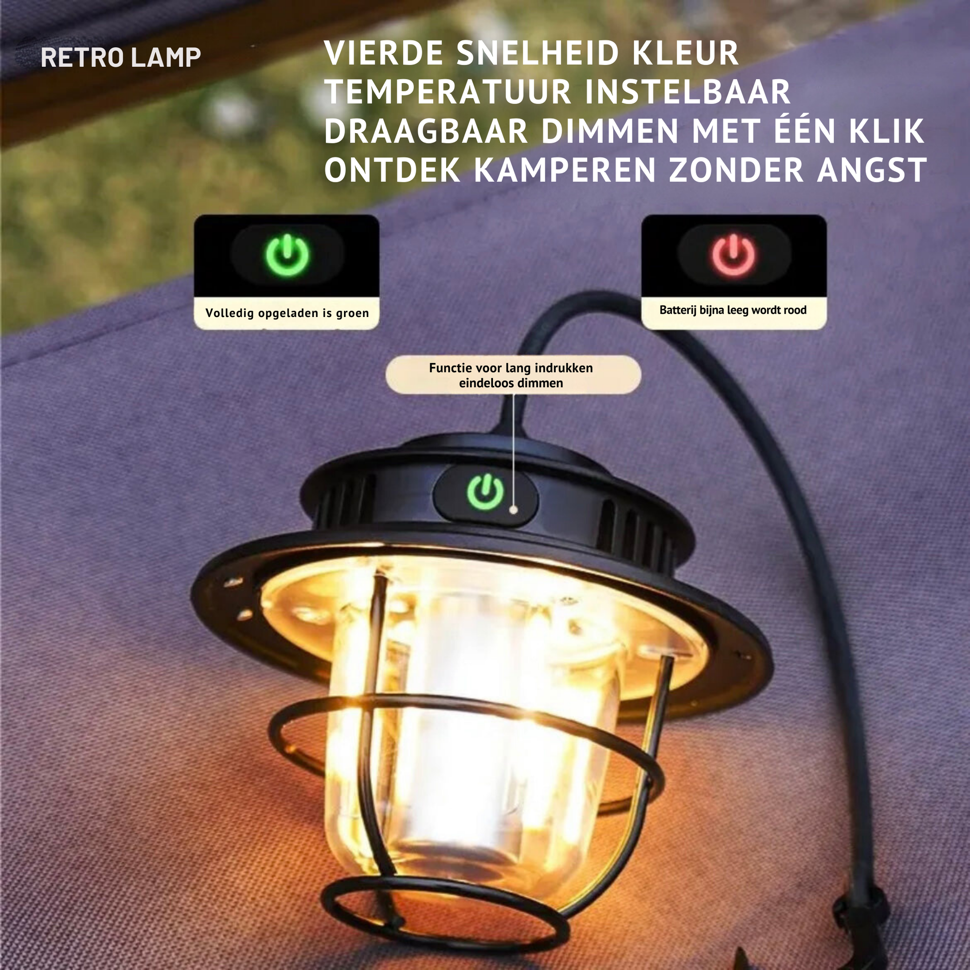 Tragbare Retro-Lampe, dimmbar, schwarz, LED, Camping, einstellbare Farbtemperatur.