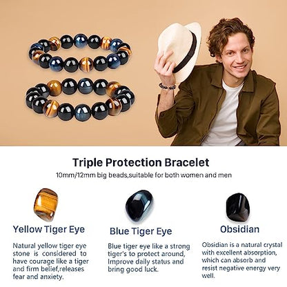 Dreifacher Schutzarmband mit Tigerauge und Obsidian, 10mm/12mm Perlen, Unisex-Schmuck.
