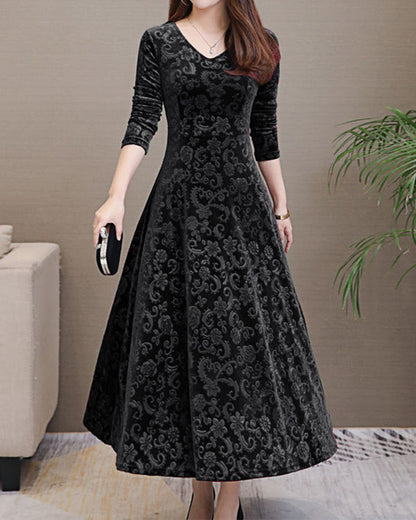 Damen Abendkleid schwarz, lang, Samt, florales Muster, elegantes Design, V-Ausschnitt.