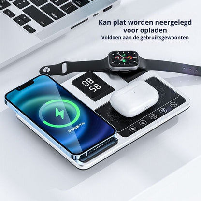 Drahtlose Ladestation für Smartphone, Smartwatch und Kopfhörer, schwarz-weiß, modernes Design.