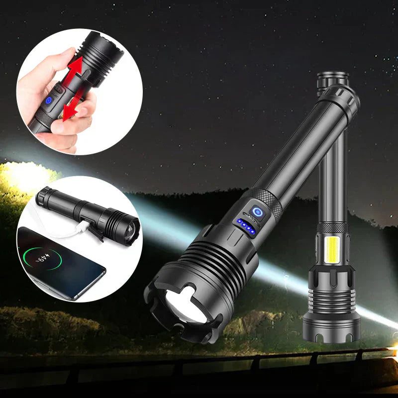 Leistungsstarke LED-Taschenlampe, schwarz, wiederaufladbar, mit USB-Anschluss und Zoom-Funktion.
