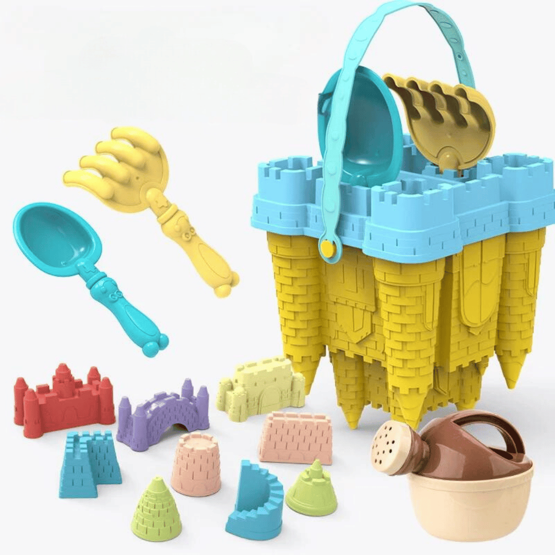 Buntes Sandspielzeug-Set mit Eimer, Schaufeln und Förmchen für Kinder, ideal für den Strand.