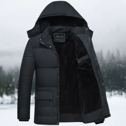 Schwarze Winterjacke mit Kapuze, gefüttert, warm, Herrenmode, Outdoor-Bekleidung.