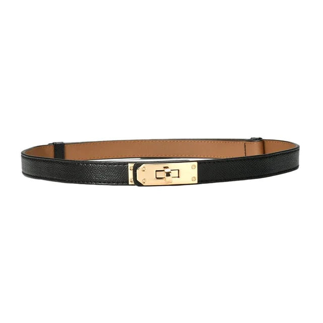 Schwarzer Ledergürtel mit goldener Schnalle, elegantes Design, Damenmode Accessoire.