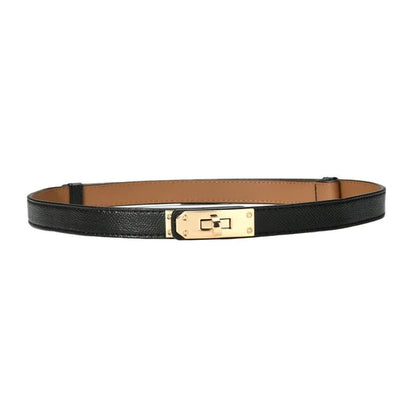 Schwarzer Ledergürtel mit goldener Schnalle, elegantes Design, Damenmode Accessoire.