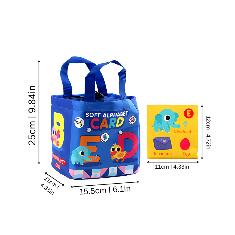 Blauer Kinderstoffbeutel mit Alphabetkarten, Elefantendesign, 25x15,5x11 cm.