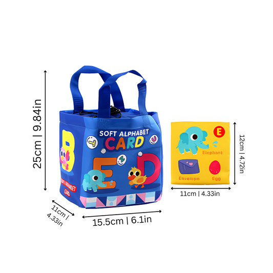 Blauer Kinderstoffbeutel mit Alphabetkarten, Elefantendesign, 25x15,5x11 cm.