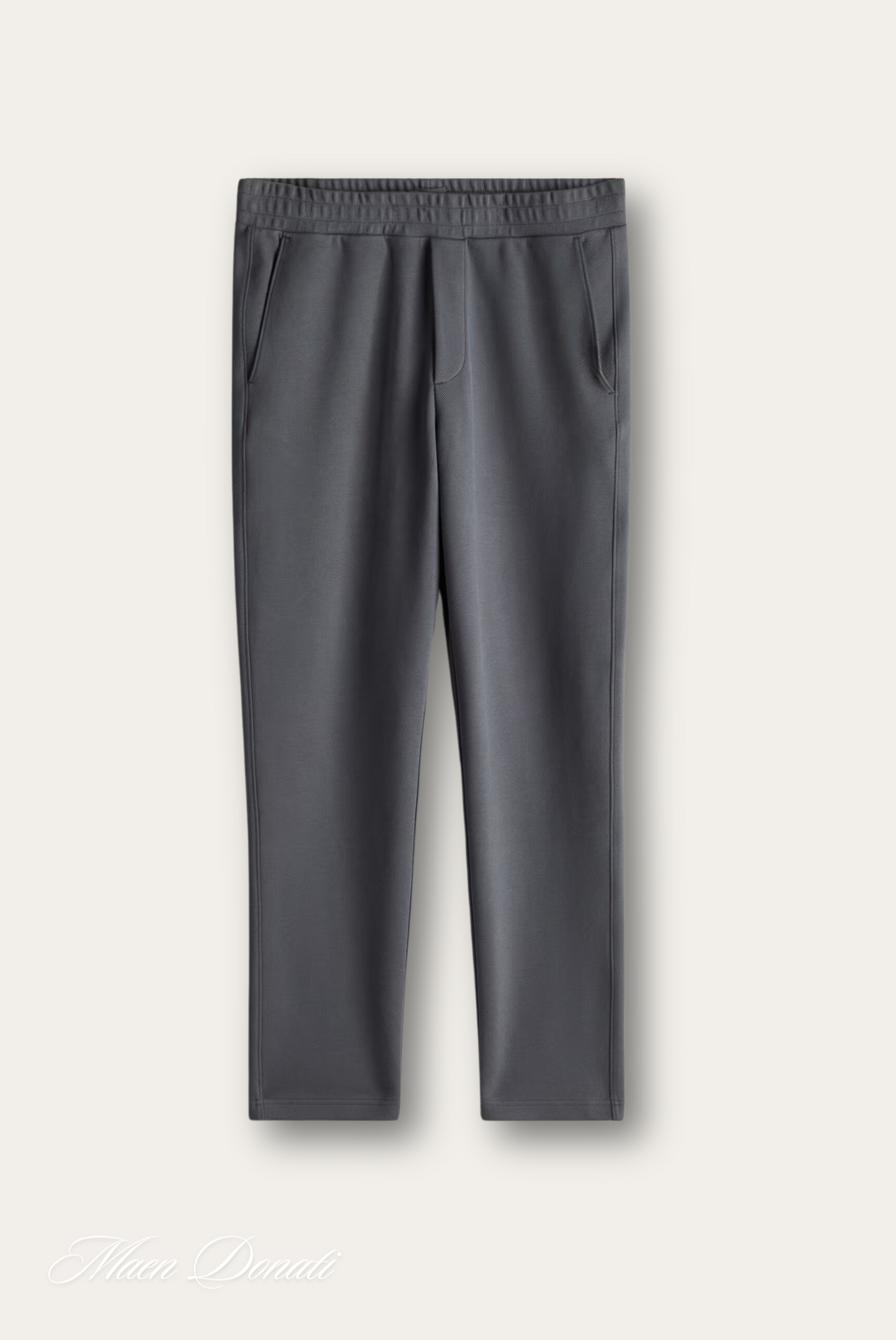 Dunkelgraue Lederhose, elastischer Bund, Taschen, modisch, elegant, Damenbekleidung.