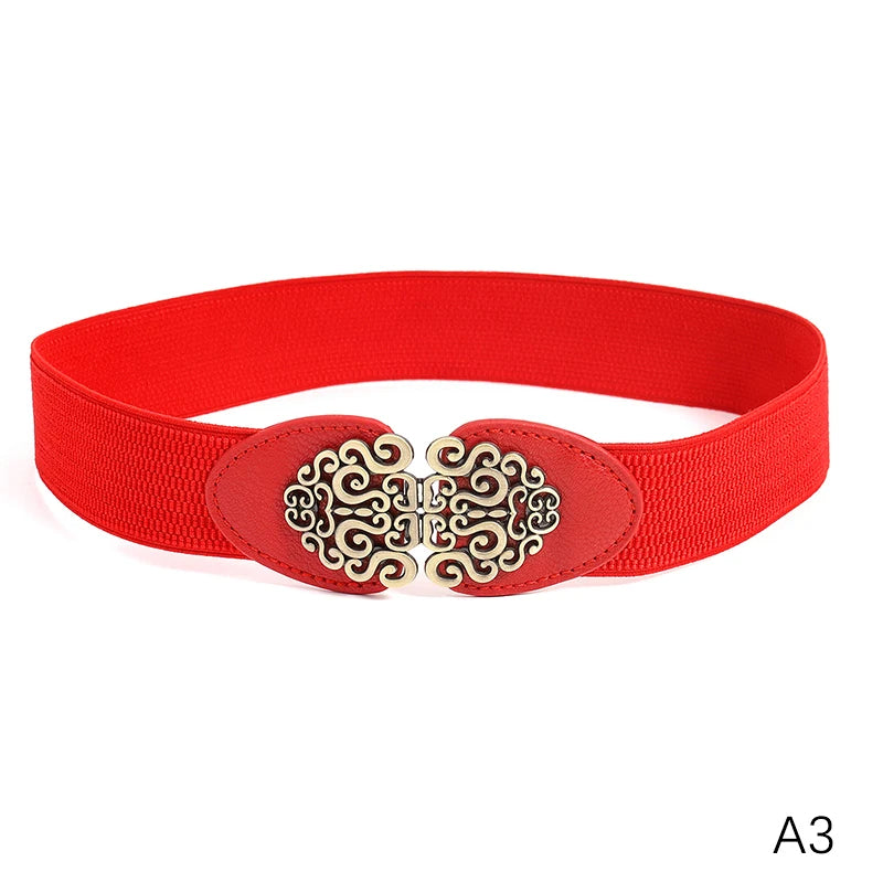 Roter elastischer Gürtel mit goldener Schnalle, Damenmode Accessoire, elegant und stilvoll.