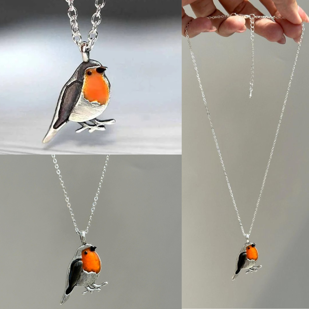 Silberkette mit Rotkehlchen-Anhänger, handgefertigt, Vogel-Schmuck, Damen-Halskette.