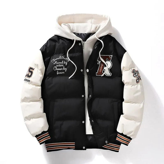 Schwarze Collegejacke mit weißen Ärmeln, Kapuze, Stickerei, Buchstabe "F", sportlicher Stil.