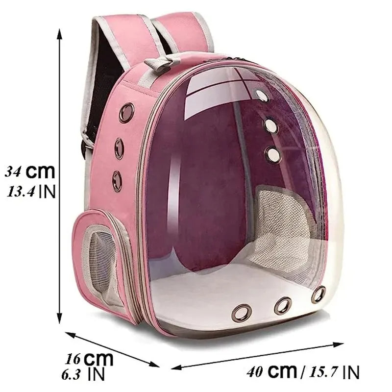 Rosa transparenter Haustier-Rucksack, Belüftungslöcher, Katzen- und Hundetransport, 40 cm.