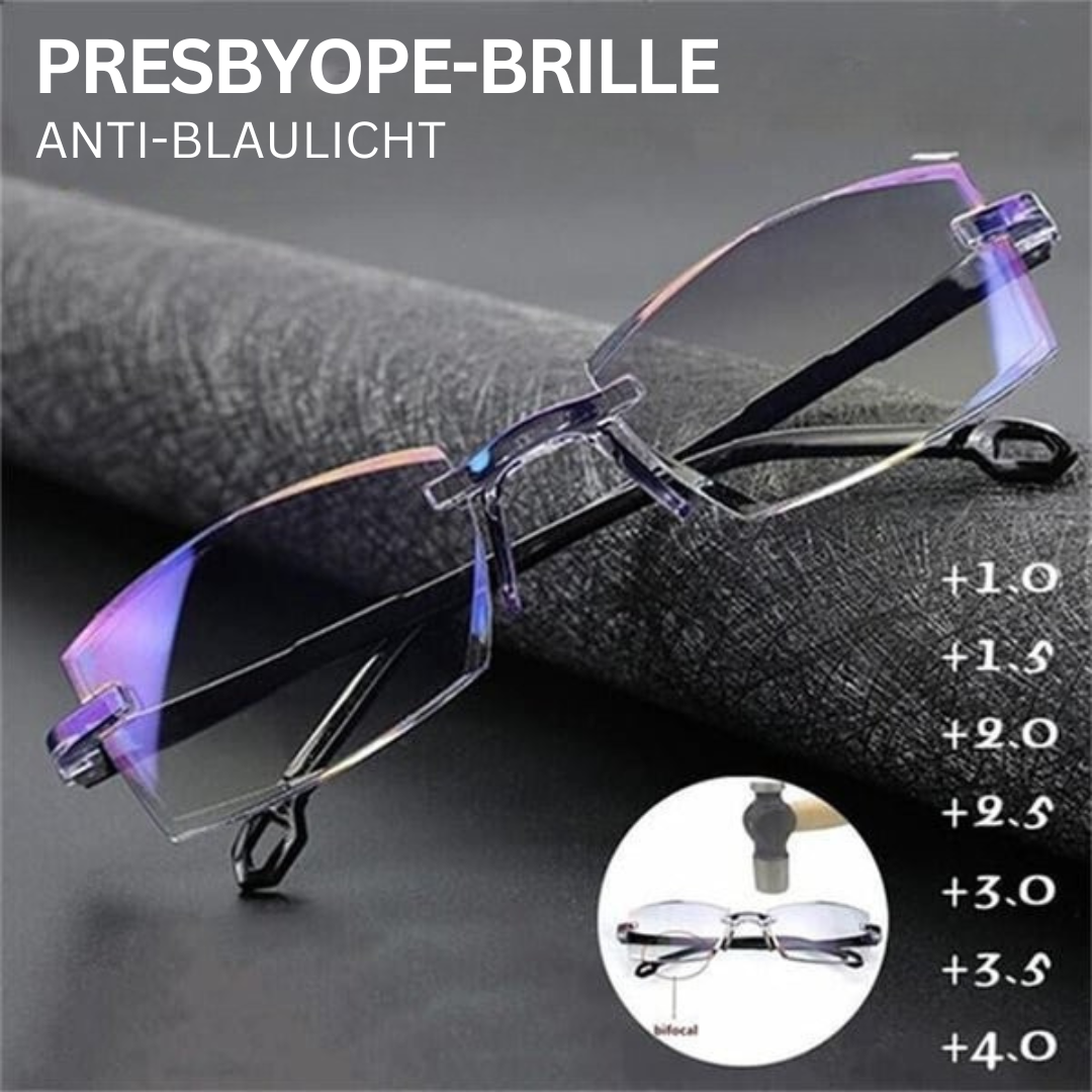 Anti-Blaulicht Presbyopie-Brille, randlos, transparent, verstellbare Dioptrien, Unisex