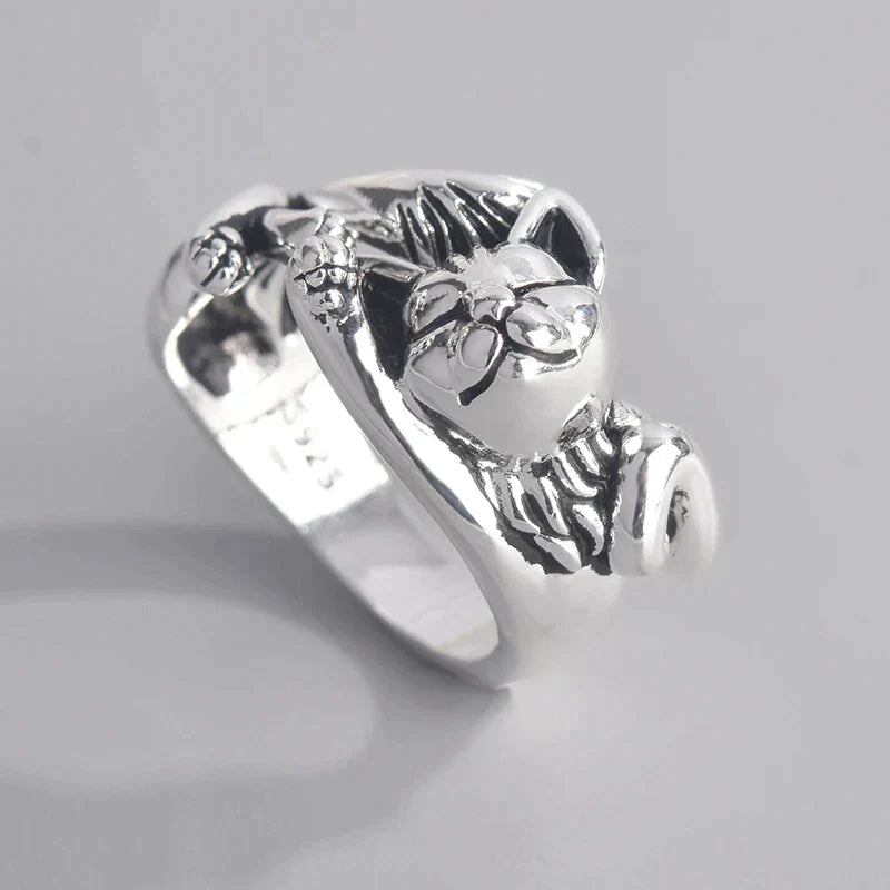 Silberner Katzenring, verstellbar, Tiermotiv, Schmuck für Damen, modisch, Geschenkidee.