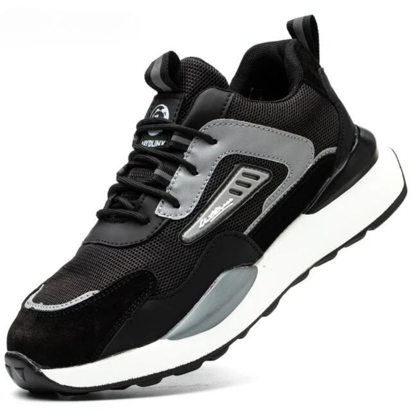 Schwarzer Herren-Sneaker, atmungsaktiv, sportlich, mit weißer Sohle, modisches Design.
