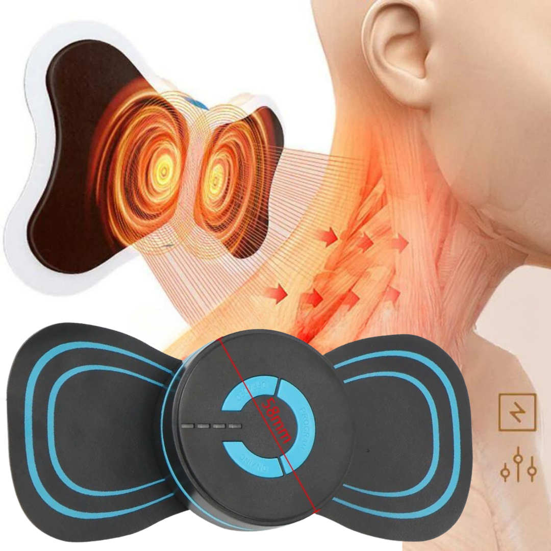 Elektronisches Nackenmassagegerät, schwarz-blau, für Schmerzlinderung und Muskelentspannung.