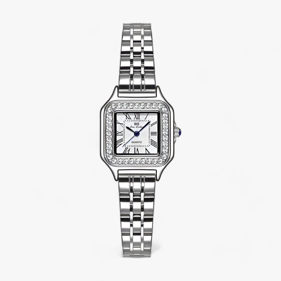 Silberne Damenarmbanduhr, quadratisches Zifferblatt, römische Ziffern, Edelstahlarmband.