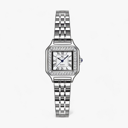 Silberne Damenarmbanduhr, quadratisches Zifferblatt, römische Ziffern, Edelstahlarmband.