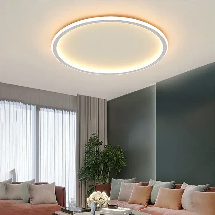 Moderne LED-Deckenleuchte rund, dimmbar, Wohnzimmer, energiesparend, warmweißes Licht.