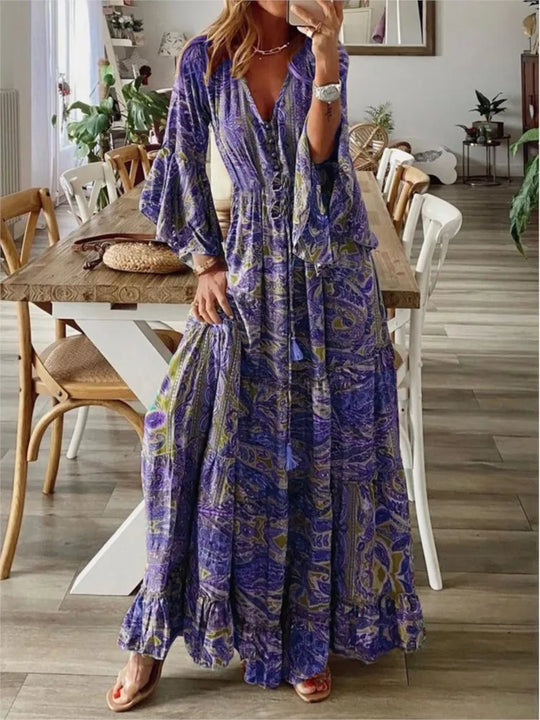 Boho-maxiklänning med flytande passform och detaljer – Amira