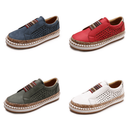 Damen-Sneaker aus Leder in Blau, Rot, Grün, Weiß mit elastischem Band und perforiertem Design.