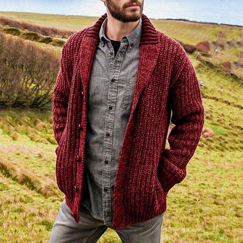 Roter Strick-Cardigan für Herren, grob gestrickt, lässig, Herbstmode, Outdoor, warm.