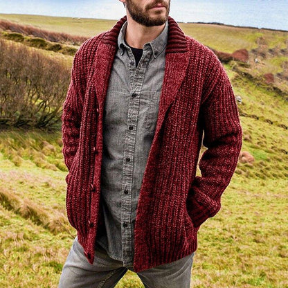Roter Strick-Cardigan für Herren, grob gestrickt, lässig, Herbstmode, Outdoor, warm.