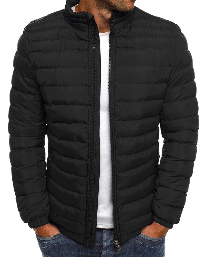 Schwarze Steppjacke Herren, Reißverschluss, warm, modisch, Winterjacke, Freizeitkleidung.