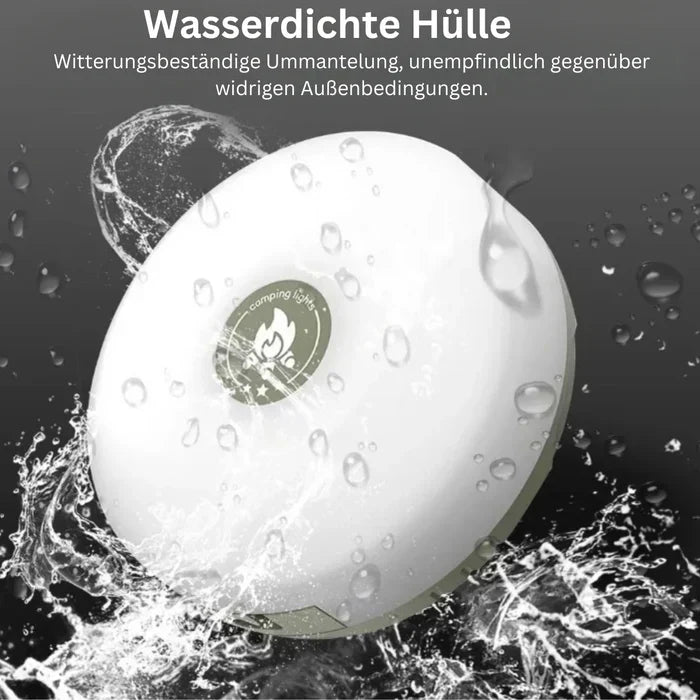 Wasserdichte LED-Campinglampe, rund, weiß, spritzwassergeschützt, für Outdoor-Aktivitäten.
