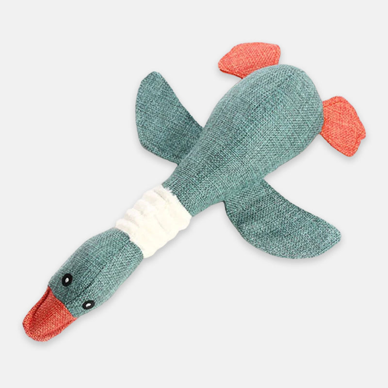 Stofftier Ente aus Strick, grün mit roten Flügeln, weiches Kuscheltier für Kinder.
