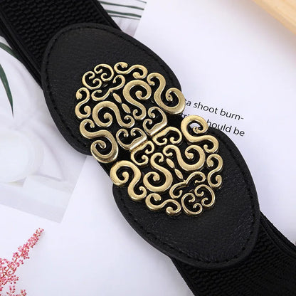 Schwarzer Gürtel mit goldener Schnalle, elegantes Design, Damenmode-Accessoire.