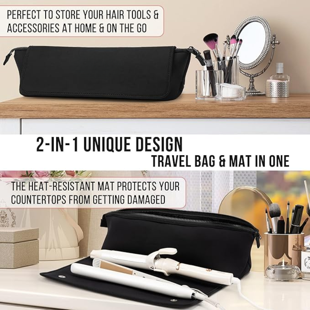 2-in-1 Reiseetui und Hitzeschutzmatte für Haarstyling-Werkzeuge, schwarz, praktisch.