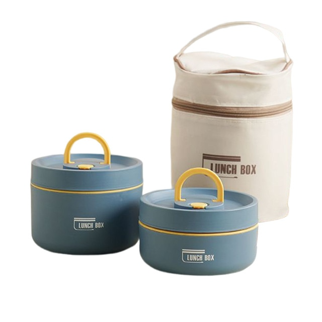 Blaue thermische Lunchboxen mit gelbem Griff und beige Aufbewahrungstasche, Bento-Set.