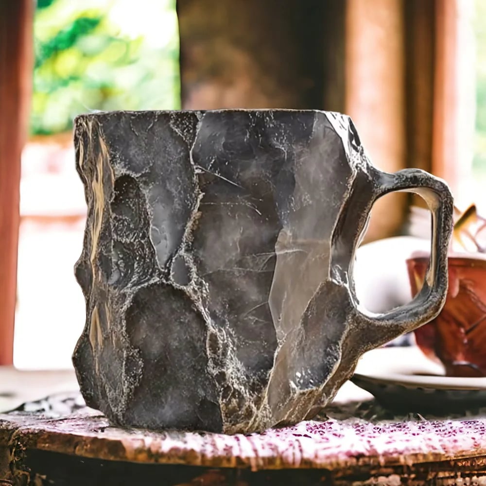 Rustikale graue Steintasse, handgefertigt, ideal für Kaffee oder Tee, auf Holztisch.