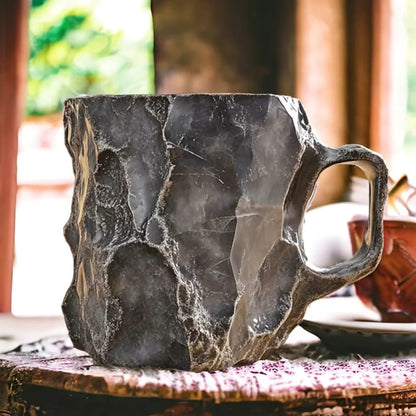 Rustikale graue Steintasse, handgefertigt, ideal für Kaffee oder Tee, auf Holztisch.