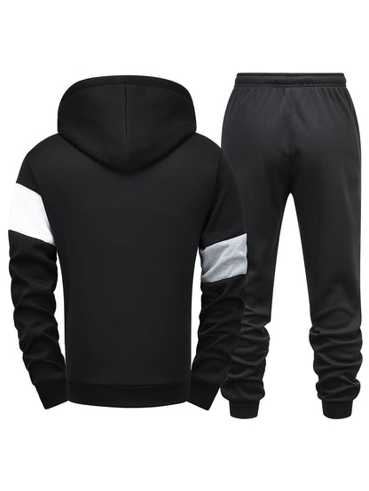 Schwarzer Herren-Trainingsanzug mit Kapuze, weiß-grauen Ärmeln, Jogginghose, Sportbekleidung.