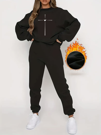 Schwarzer Damen-Sweatanzug mit Kreuzmotiv, warm gefüttert, ideal für Winter, modisch und bequem.