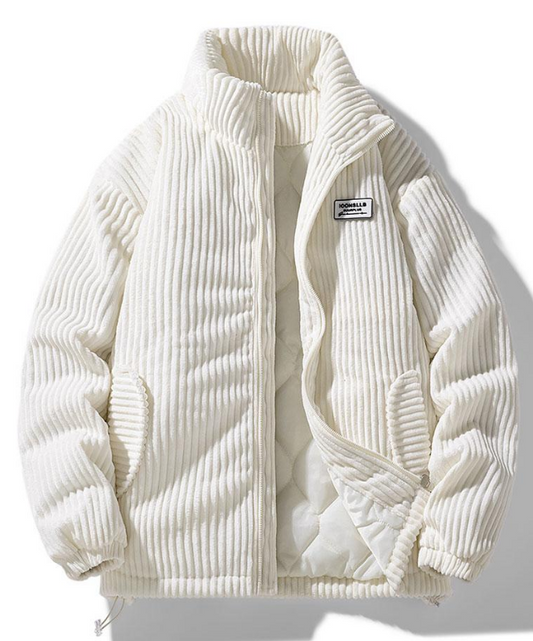 Weiße Cordjacke mit Reißverschluss, gestepptem Innenfutter und elastischen Bündchen.