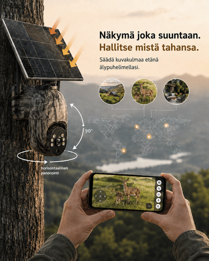 Kameran på en trädstam med pilar för 90 graders lutning och horisontell panorering, och händer som styr bilden via mobilen. 6